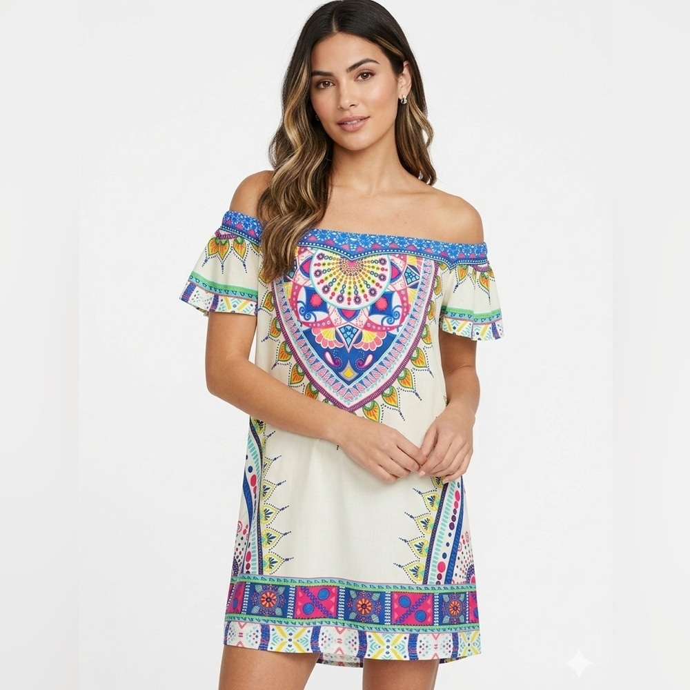 Flying Tomato Boho Mandala Off The Shoulder Tunic Dress Large